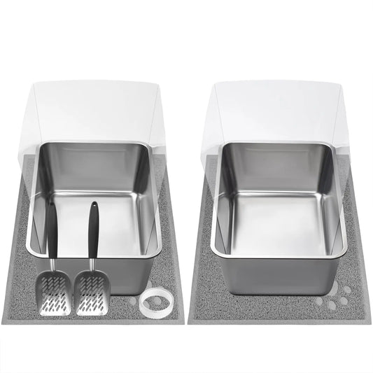 Stainless Dual-Cat Litter Set with Shield & Mat - Shopinapets