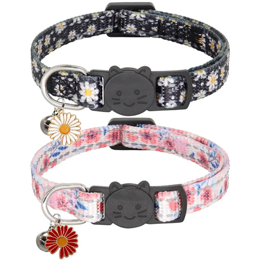 Giecooh 2-Pack Reflective Safety Cat Collars with Breakaway Clasp - Red & White Flower - Shopinapets