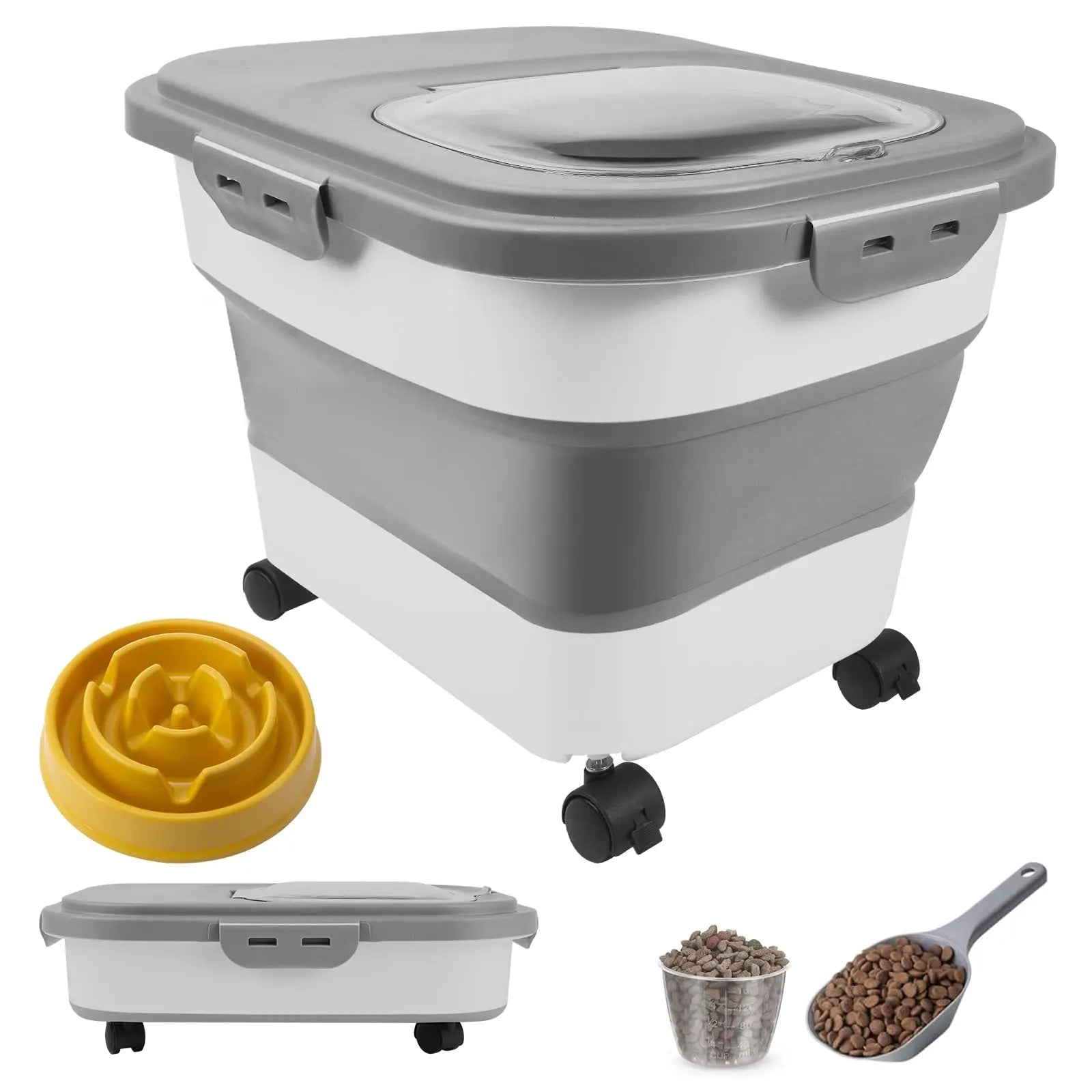 Collapsible 20lb Pet Food Storage with Scoop & Wheels - Airtight Grey - Shopinapets