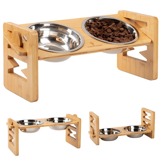 Elevated Dog Bowl Stand - 4 Level Adjustable Dog Food Bowl Stand - Non-Slip Bamboo Elevated Dog Bowl Stand - 2X Stainless Steel Bowls Included - Pet Bowl Stand for Cats & Dogs - FURSTGOODS
