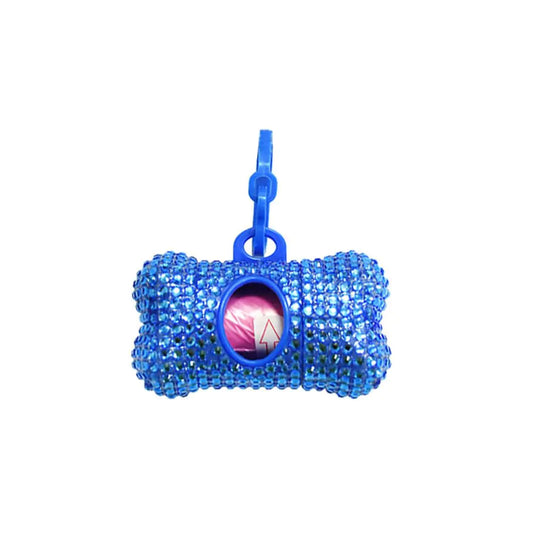 Blue rhinestone dog bone-shaped toy with a pink ball inside on a white background