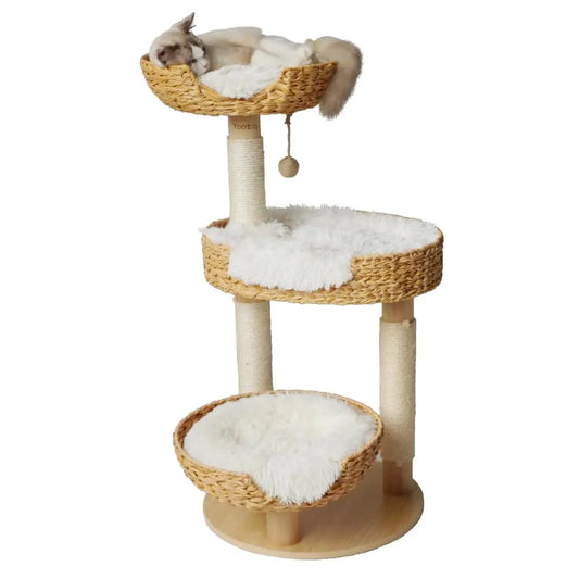 Rattan Haven Cat Tree with Natural Wood Scratching Post - Shopinapets