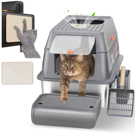 Dolita XL Stainless Steel Enclosed Cat Litter Box with Scoop - Shopinapets