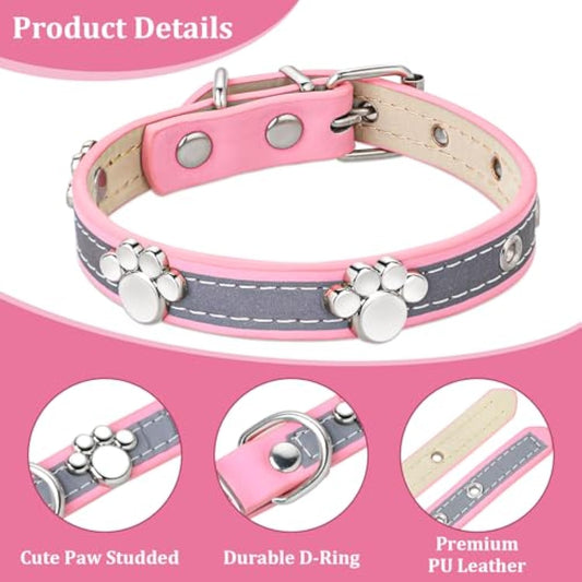 Reflective Leather Collar for Small Medium Large Dogs Cats, Adjustable Girl Puppy Dog Collars With Cute Paw Rivet - Shopinapets  Reflective Leather Collar for Small Medium Large Dogs Cats, Adjustable Girl Puppy Dog Collars With Cute Paw Rivet Shopinapets #