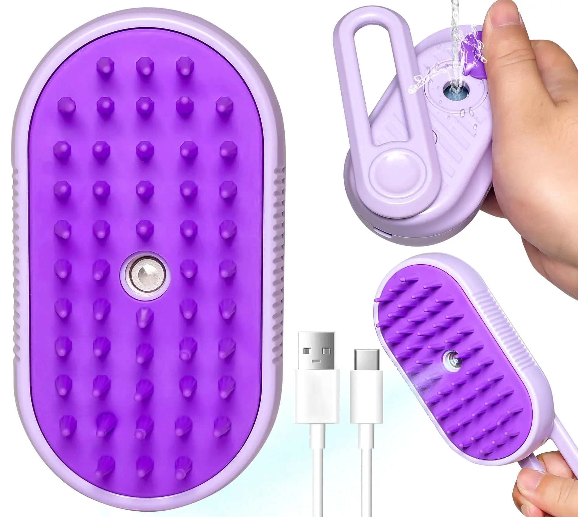 Purple Spritz Defur 3-in-1 Cat Steam Brush for massaging, cleaning, and shedding reduction.