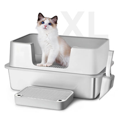 XL Stainless Steel Cat Litter Box with High Sides and Scoop - Shopinapets