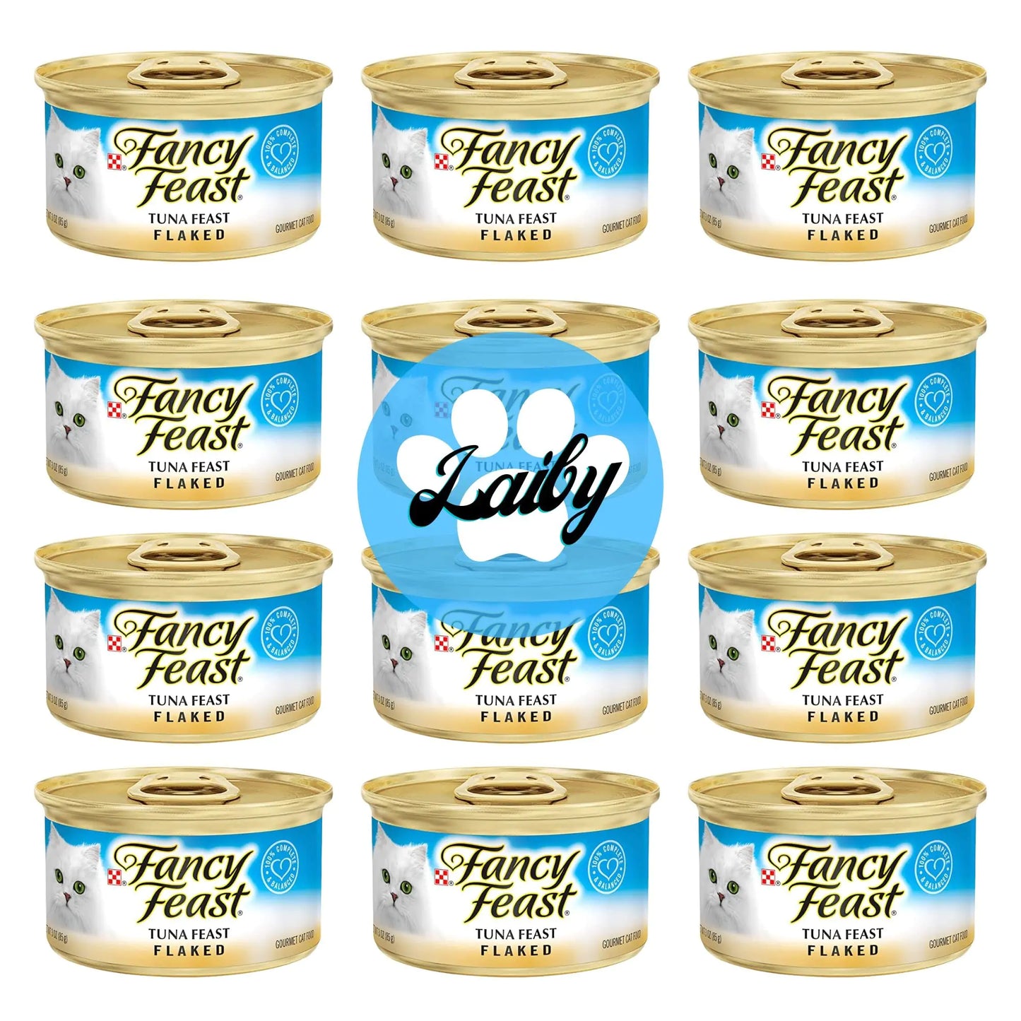 Multiple cans of Fancy Feast tuna feast flaked cat food with a Laily branded can in the center.