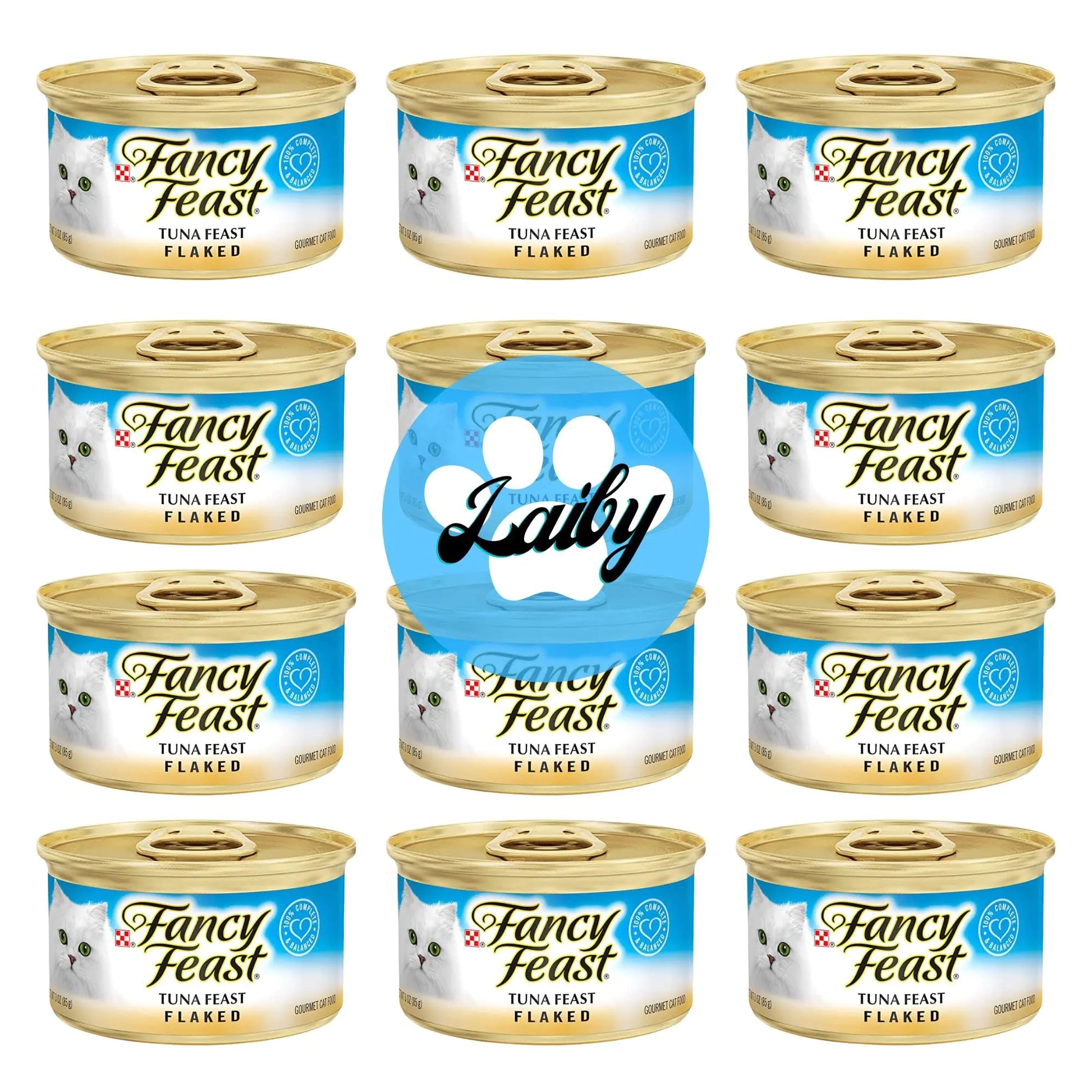 Multiple cans of Fancy Feast tuna feast flaked cat food with a Laily branded can in the center.