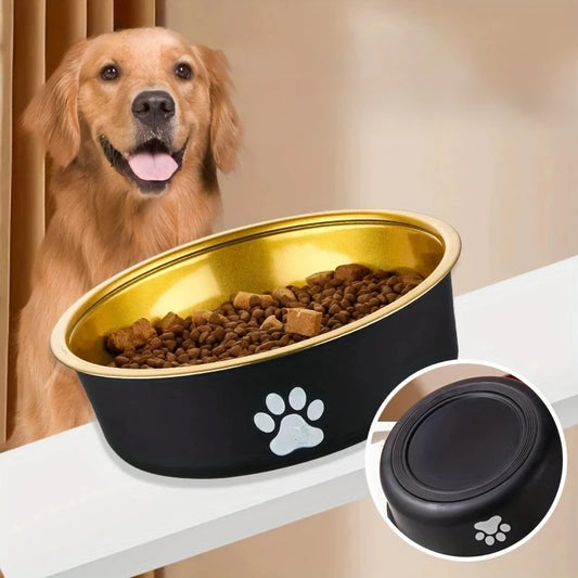 A dog beside a black pet bowl filled with kibble, featuring a paw print design on the side.