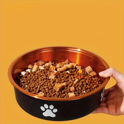 A pet food bowl filled with kibble and treats, featuring a paw print design.
