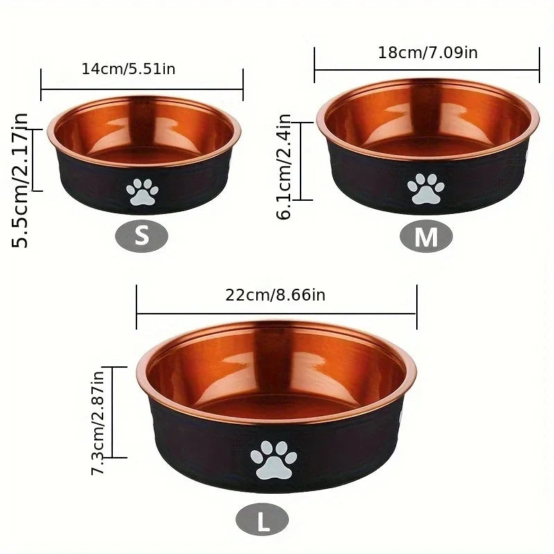 Three pet bowls in varying sizes (S, M, L) with paw prints, showcasing dimensions and a stylish copper interior.