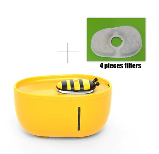 Introducing Shopinapets Aqua Pet Stream Fountain: a yellow pet fountain featuring a bee design, ensuring optimal hydration. It includes an inset image of 4 pieces filters text on green, highlighting its advanced filtration system.