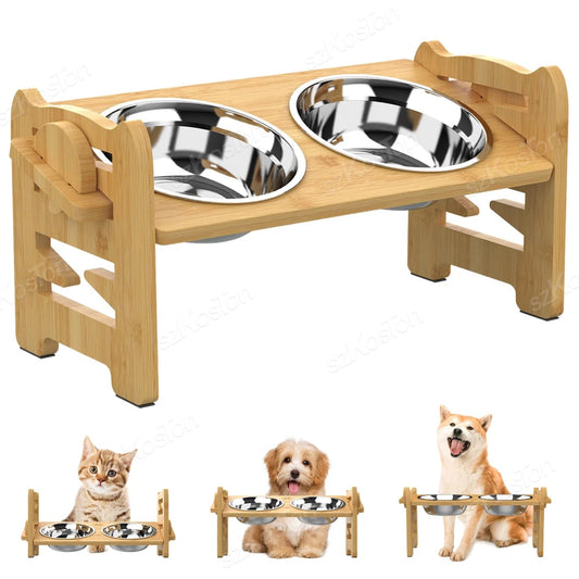 A stylish bamboo pet feeder with two stainless steel bowls, accompanied by images of a cat and a dog. Ideal for pet dining.