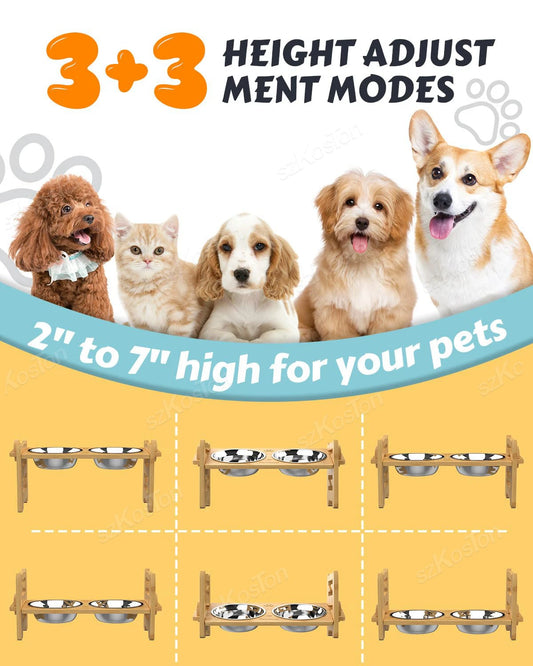 A variety of pets with adjustable feeding stations showcasing bowls ranging from 2" to 7" in height for optimal feeding comfort.