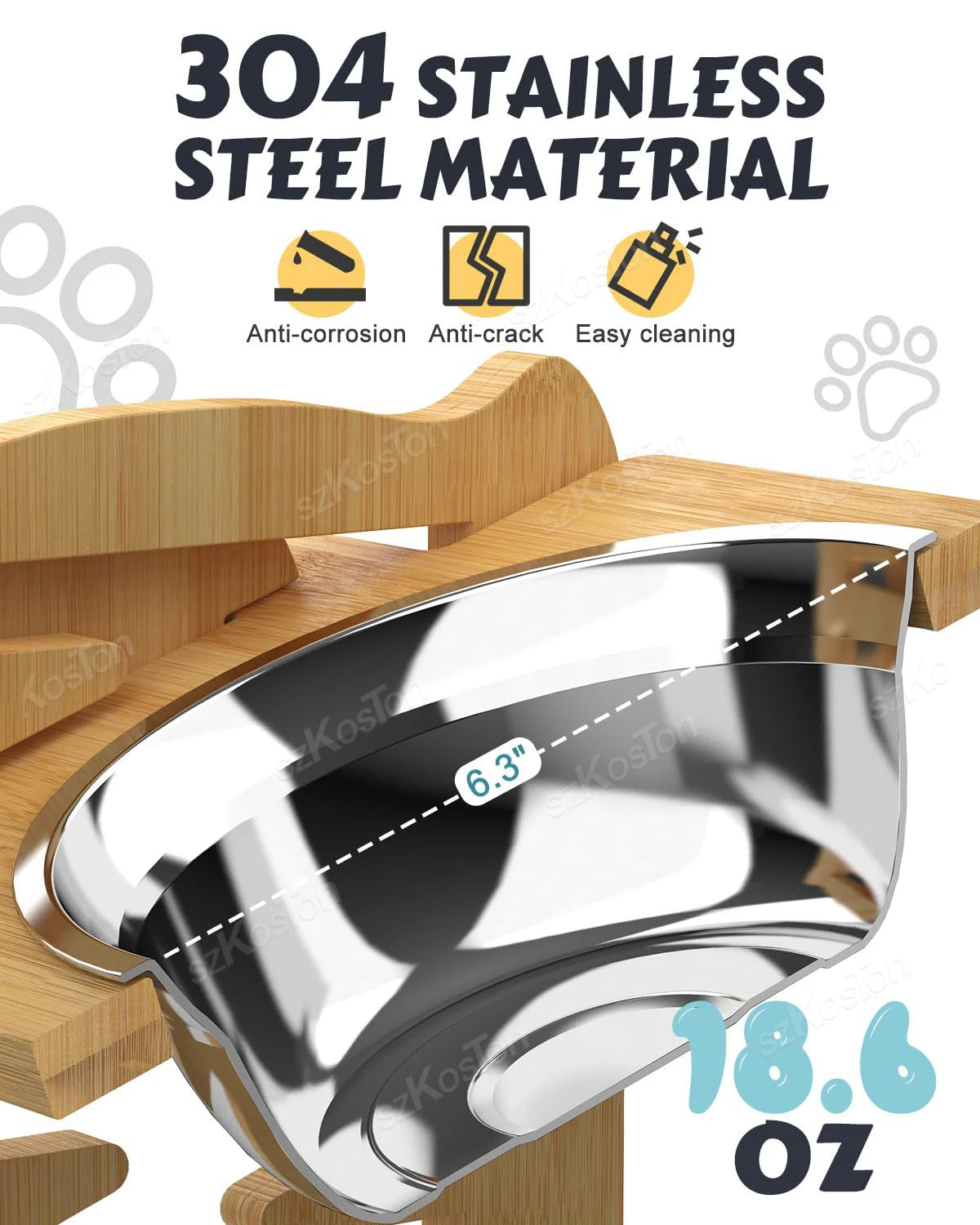 A close-up of a 304 stainless steel bowl, measuring 6.3 inches, showcasing anti-corrosion and easy-clean features.