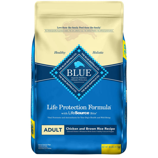 A 38 lb bag of BLUE Life Protection Formula dog food, featuring chicken and brown rice, labeled as healthy and holistic for adult dogs.