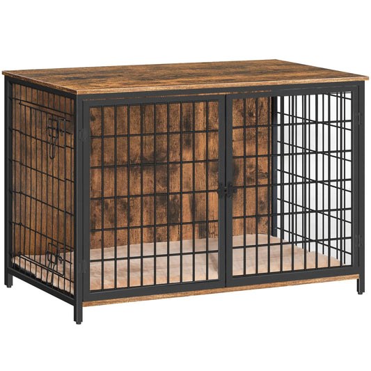 Wooden pet crate with metal bars on a white background