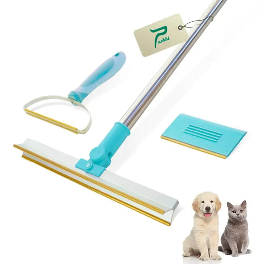 Cleaning tool set with squeegee and scrubber, featuring a dog and cat on a white background.