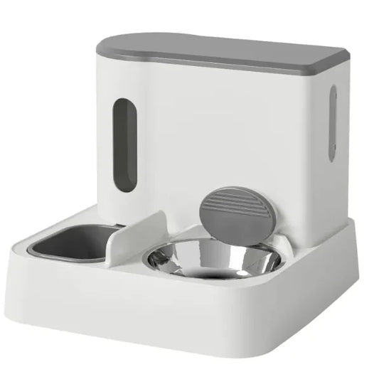 A modern pet feeder with a sleek design, featuring a stainless steel bowl and a compartment for food storage.