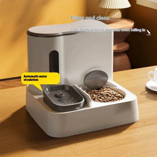 A modern pet feeder with automatic water circulation and a compartment for dry food, set on a wooden table in a cozy room.