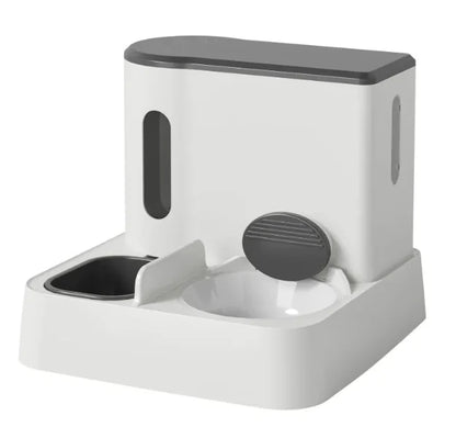 A modern pet feeder with a sleek design, featuring a stainless steel bowl and a compartment for food storage.