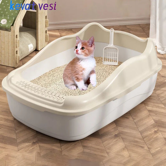 A cute orange and white kitten sits in a litter box with fine sand and a scoop, surrounded by a cozy home environment.