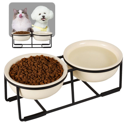 A double pet feeding bowl set with a black metal stand, featuring one bowl filled with dry kibble and the other with water.