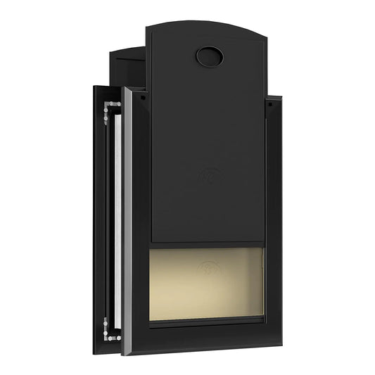 A sleek, black pet door with an upper flap and a transparent lower section, designed for easy access while maintaining home insulation.