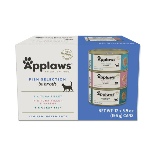 Box of Applaws cat food with three cans on a white background