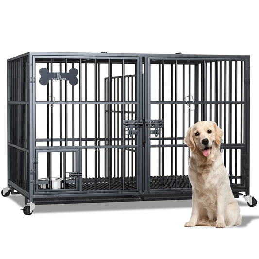 A golden retriever sits beside a large black metal dog crate with two compartments and food bowls inside.