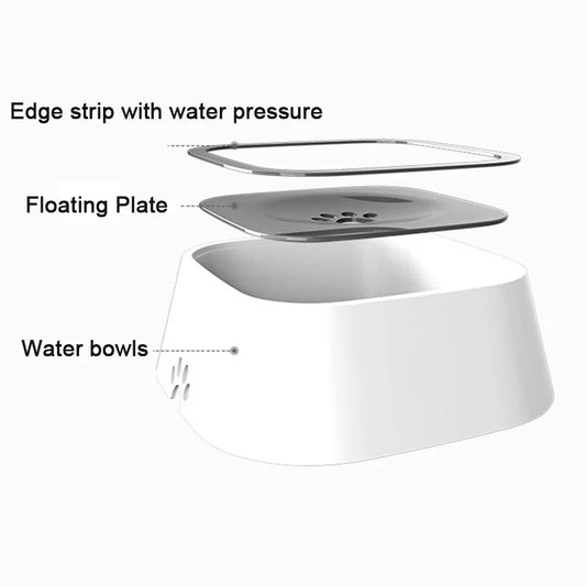 Exploded diagram of a pet water bowl with labeled parts: edge strip, floating plate, and water bowls.