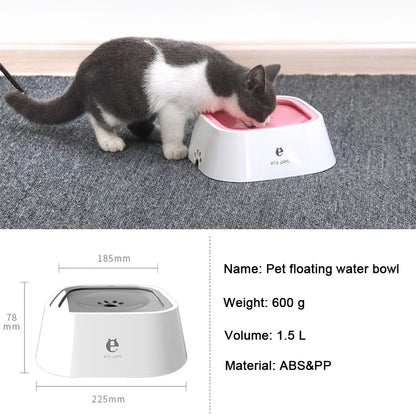 A cat drinking from a water bowl with product specifications below.