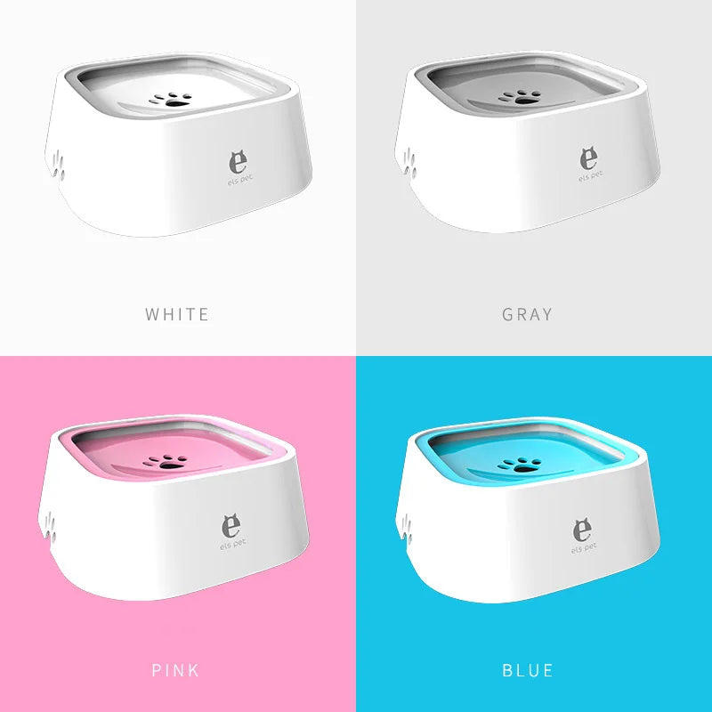 Four pet water bowls in white, gray, pink, and blue on matching backgrounds with a logo.