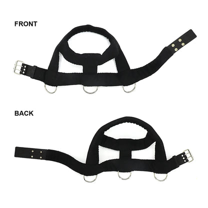 Black harness with rings and buckles, front and back views.