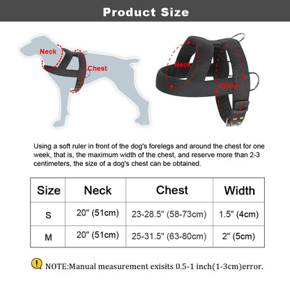 A dog harness size chart and illustration that includes width, chest, and neck measurements.
