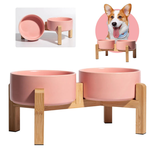 The Shopinapets Elevated Double Ceramic Pet Bowl Set in pink features food-grade ceramic on an anti-slip bamboo base, with one bowl inset shown. A happy dog with upright ears enjoys its elevated dining experience in the upper right image.