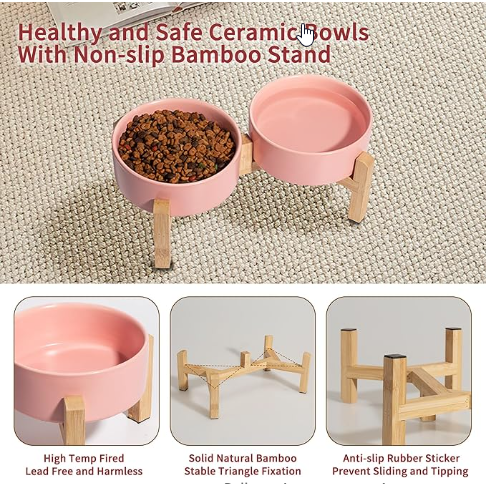 Elevated Double Ceramic Pet Bowl Set - Anti-Slip Bamboo Base - Shopinapets  Elevated Double Ceramic Pet Bowl Set - Anti-Slip Bamboo Base Shopinapets #
