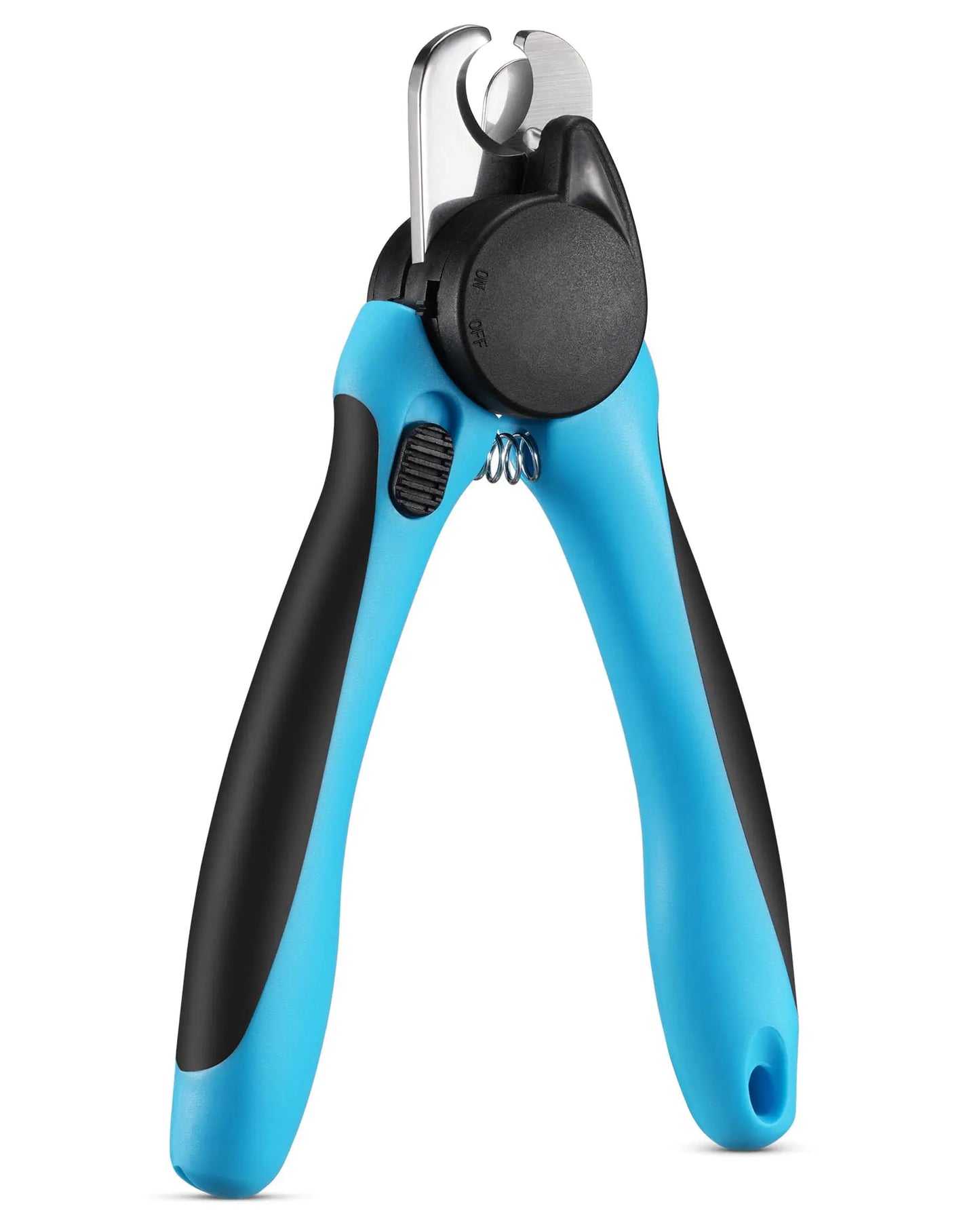 Blue and black pet nail clipper on a white background