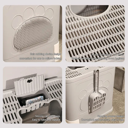 A multifunctional cat litter box with a grooming area, litter-catching pedal, storage for bags, and a convenient hanging shovel.