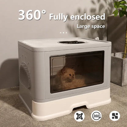 A cozy, fully enclosed cat house featuring a clear front, showcasing a relaxed cat inside, set against a minimalistic backdrop.