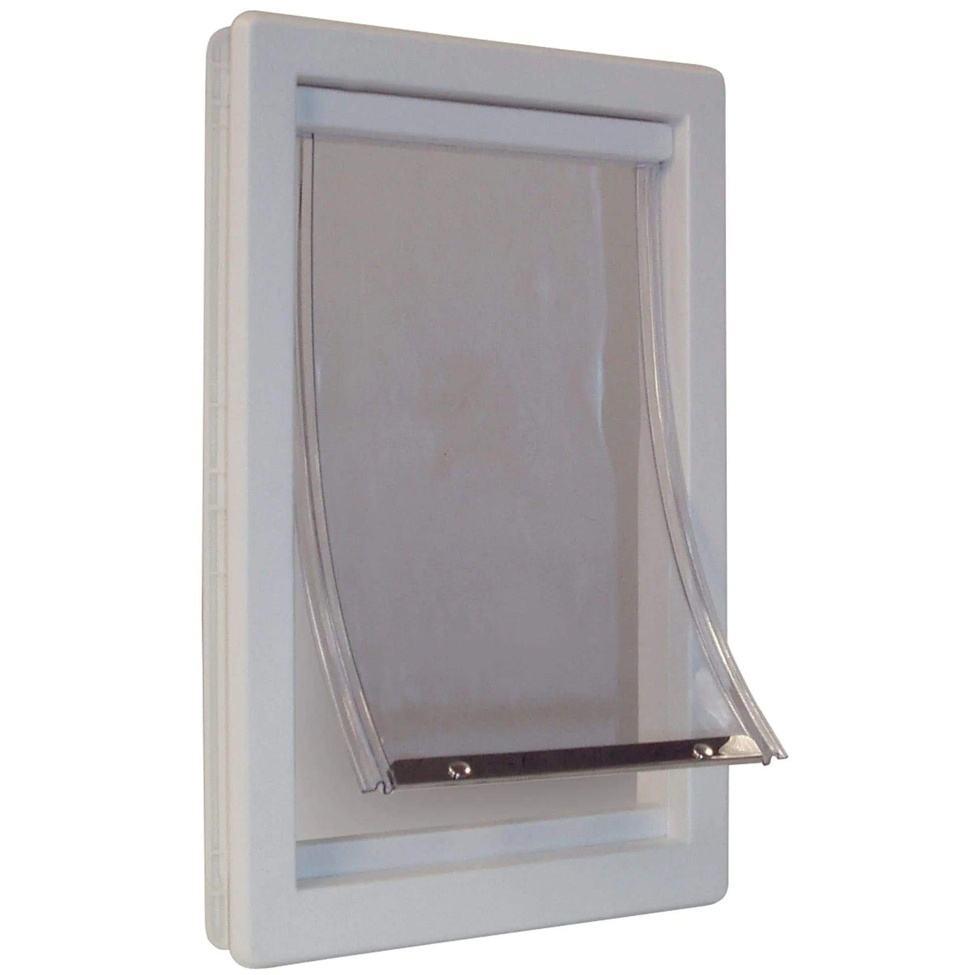 Pet door with clear flap on a white background