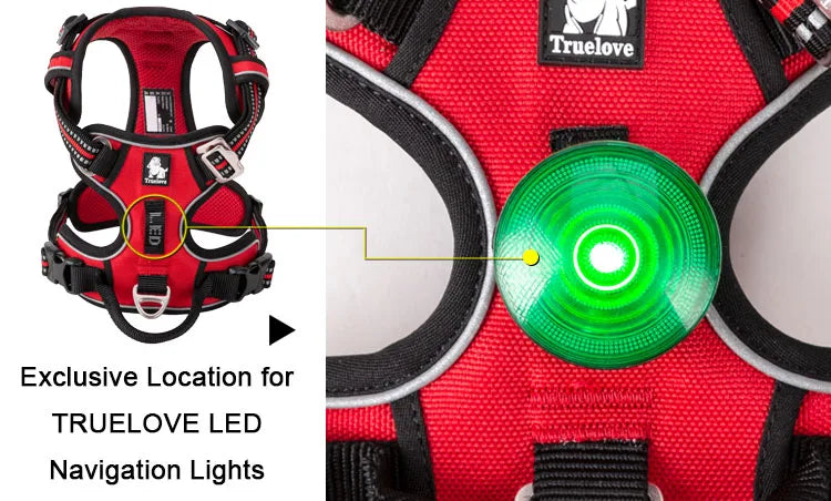 Red dog harness with green LED light and 'TrueLove' branding.