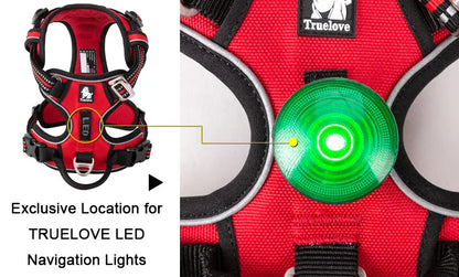 Red dog harness with green LED light and 'TrueLove' branding.