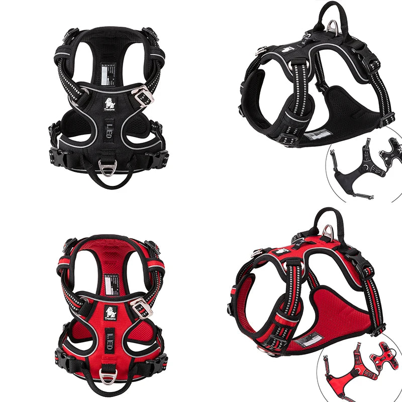 Black and red dog harnesses with additional parts on a white background