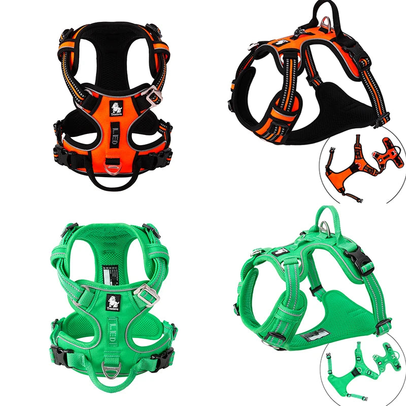 Two dog harnesses, one orange and black, the other green and black, on a white background.