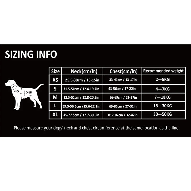 Dog sizing chart with measurements and weight recommendations on a black background