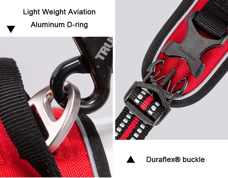 Close-up of a red and black dog collar with D-ring and buckle details on a gray background.