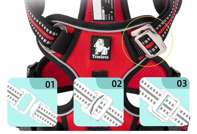 Red dog harness with brand logo on a white background