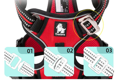 Red dog harness with brand logo on a white background