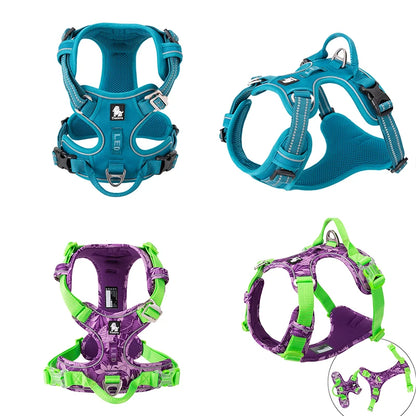 Two blue and two purple dog harnesses with green accents on a white background.